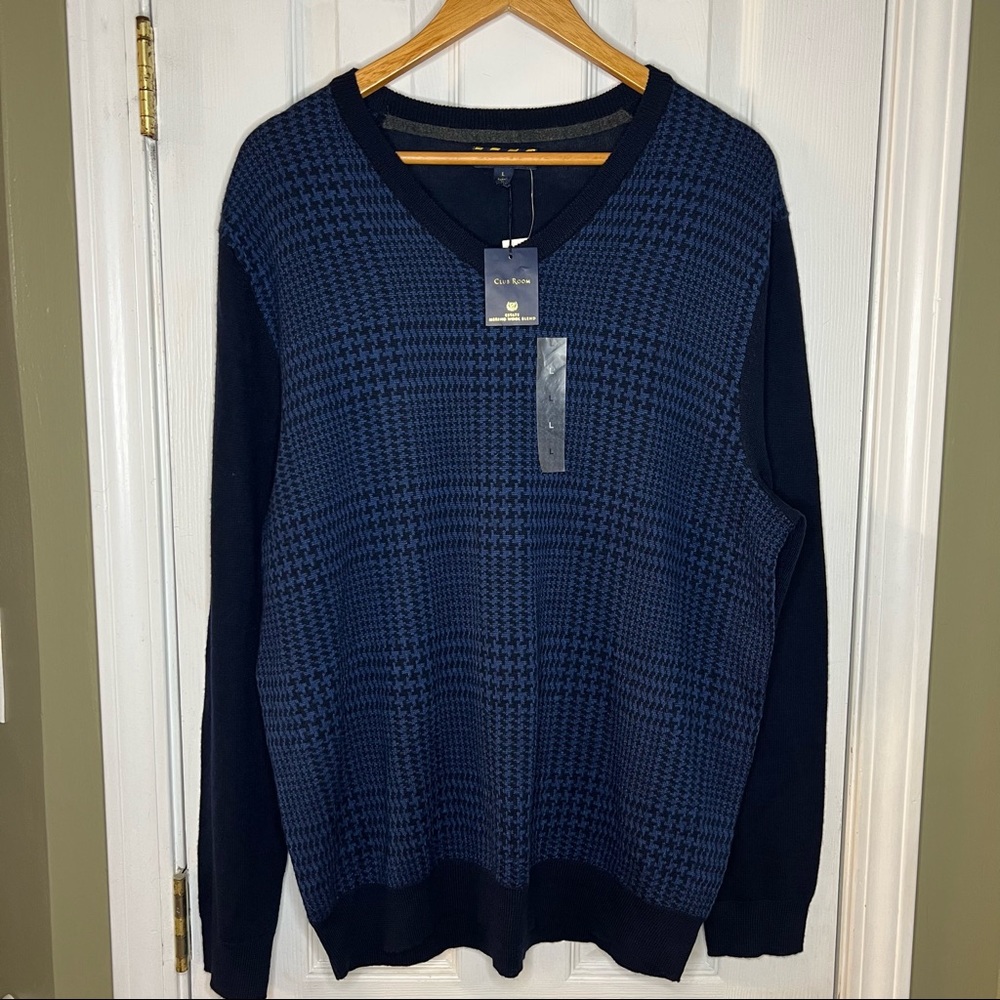 Men’s Club Room Houndstooth Wool Sweater Blue Size Large L